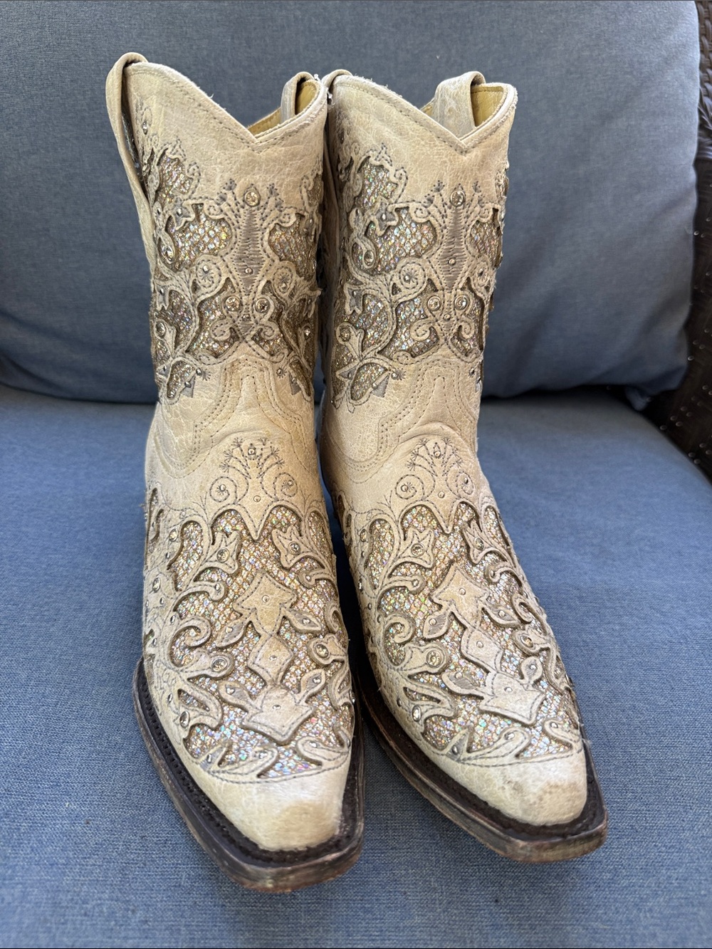 Corral Cowboy Boots WHITE GLITTERED SNIP TOE WEDDING booties 7.5 Women’s cowgirl - Picture 7 of 13